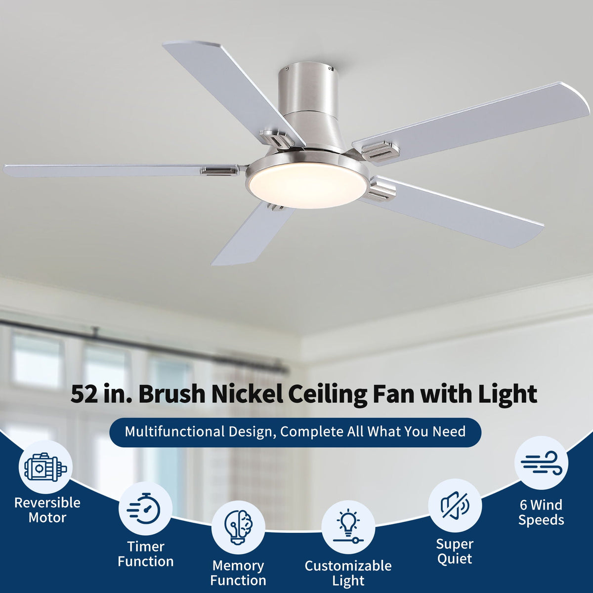 Flush Mount Ceiling Fan with LED Light and Remote Control - Black, White, Pearl Silver