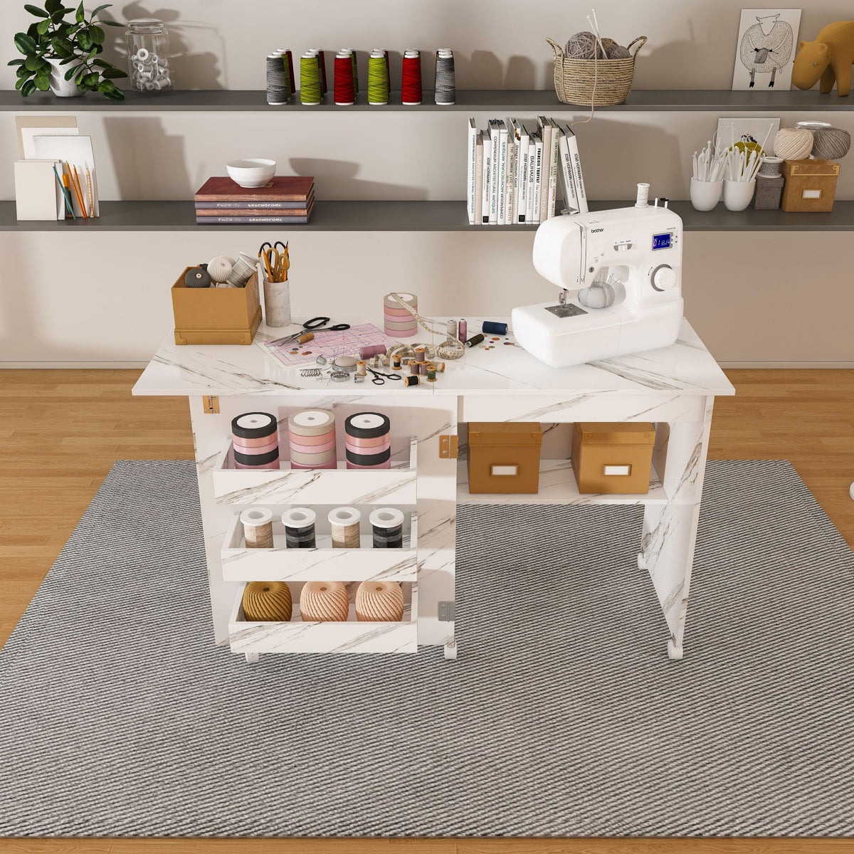 White Folding Sewing Table with Lockable Wheels - 4-in-1 Multi Functional Craft Station