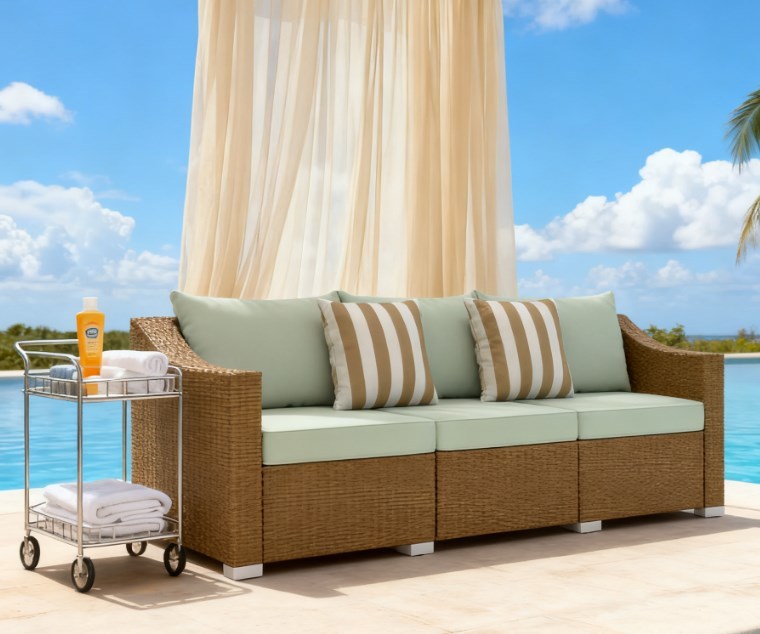 Rattan Wicker Outdoor Sofa with Cushions and Throw Pillows