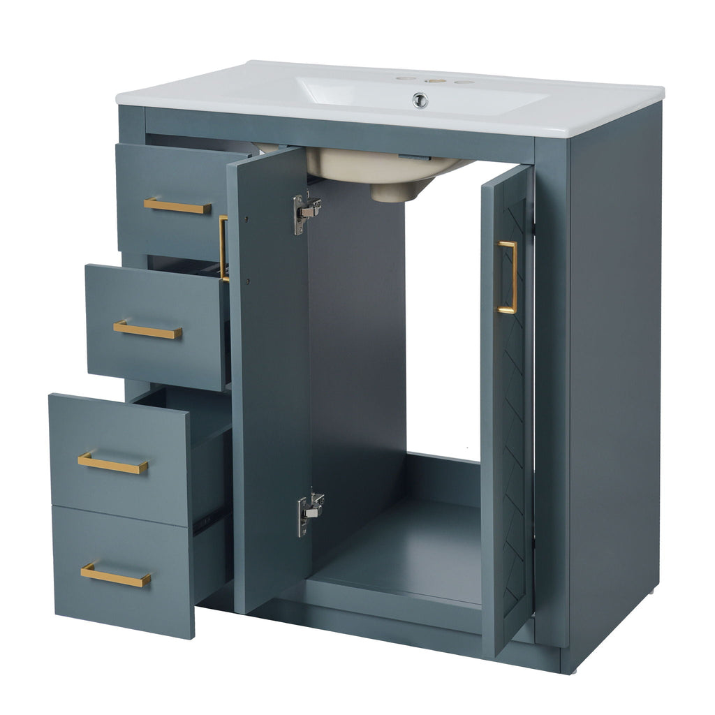 Ceramic Sink Vanity Combo with 3 Drawers and Soft Closing Doors - 30"