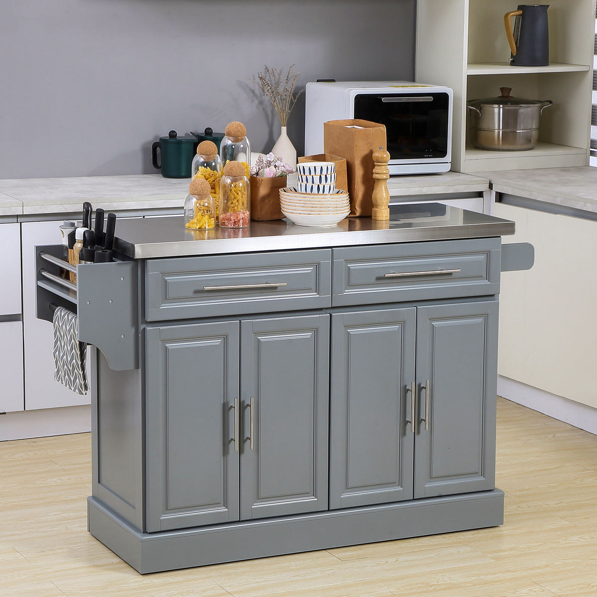 Rolling Kitchen Island with Stainless Steel Top and Ample Storage - Gray or White