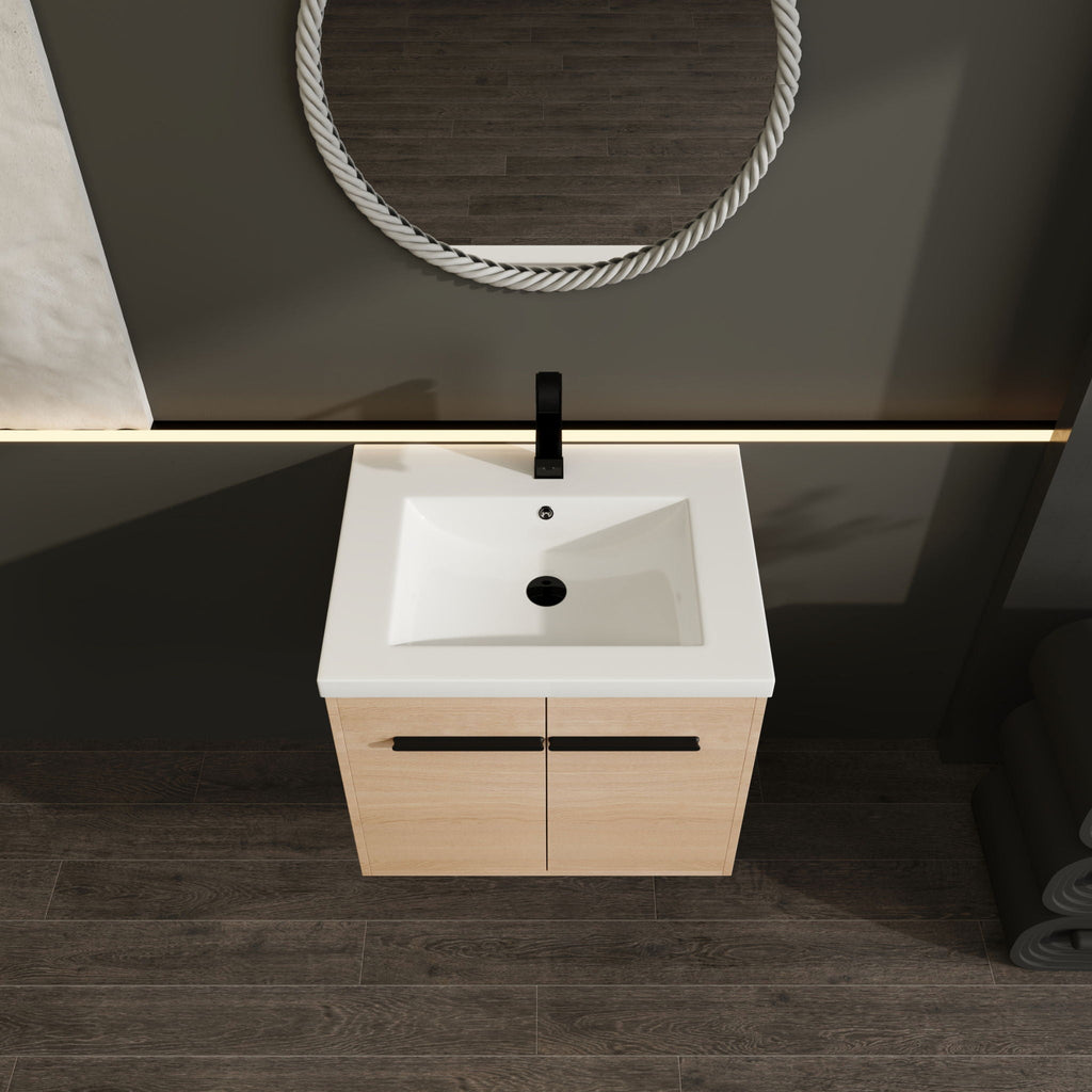 Bathroom Vanity Set with Resin Countertop Sink and 2 Doors - Light Brown Oak