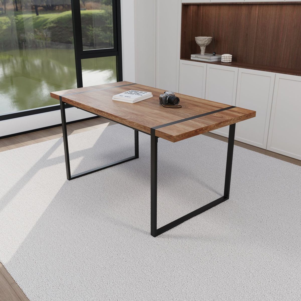 Rectangular Wood Dining Table with Metal Legs - 4 to 6 Person Capacity