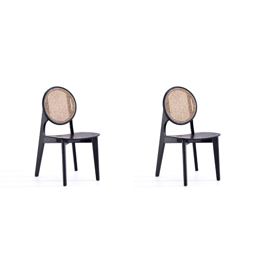 Rattan Cane Backrest Dining Chair Set with Solid Wood Frame - Black or Light Brown