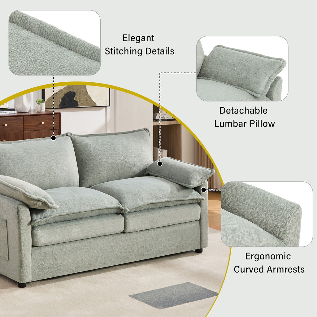 Modern Loveseat Sofa with Side Storage Pockets - Green, Beige, or Dark Gray