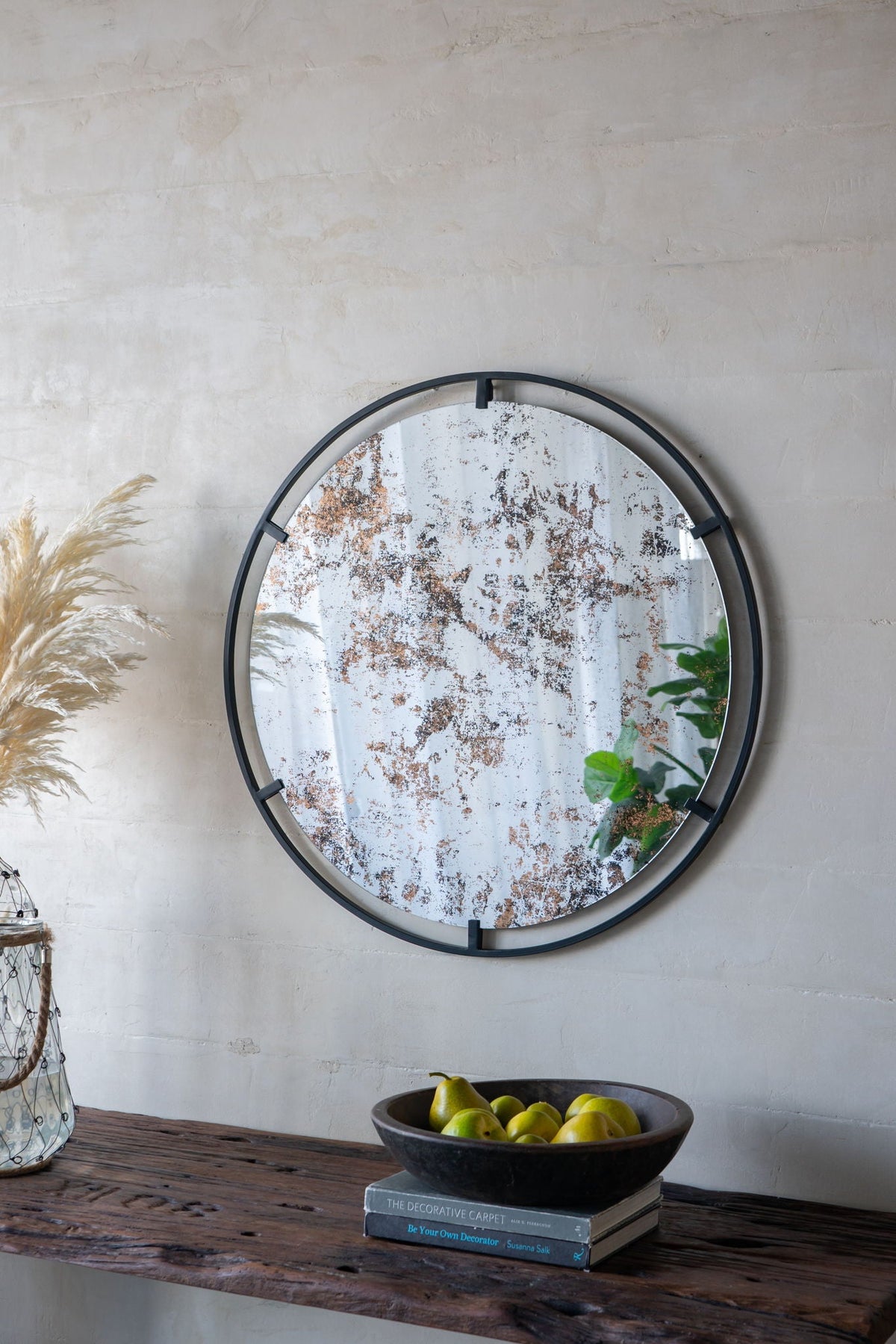 Round Industrial Wall Mirror with Metal Frame - Black