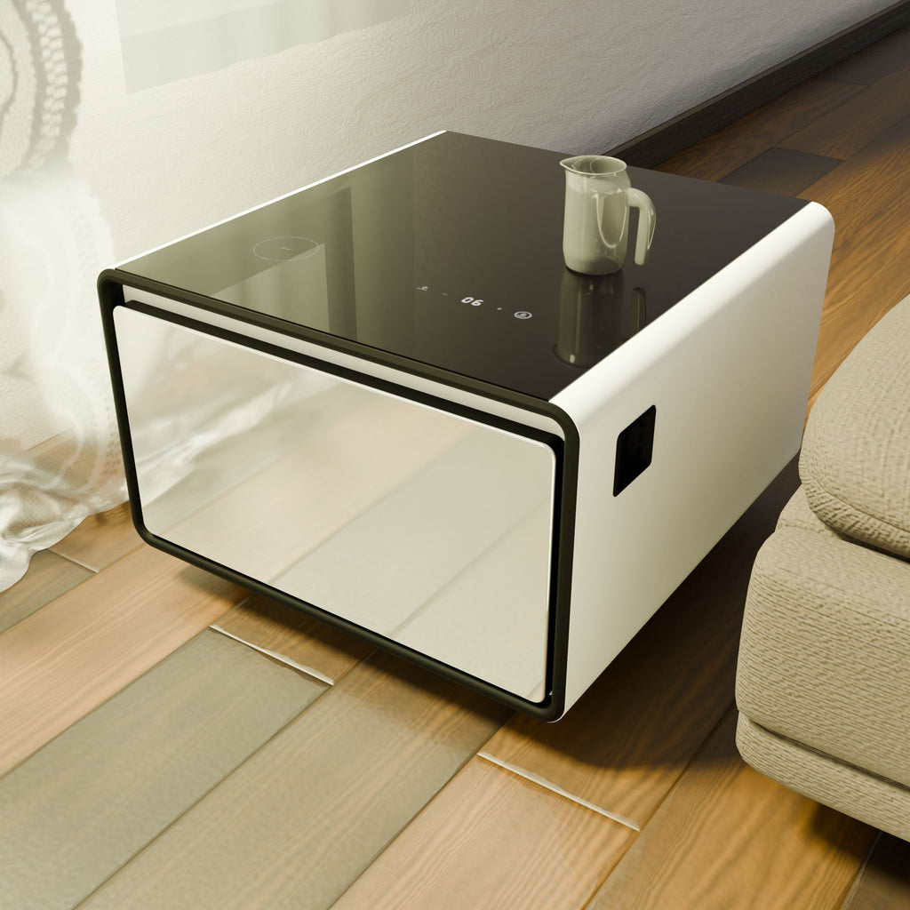 Modern Smart Side Table with Built-In Fridge and Wireless Charging - Black or White