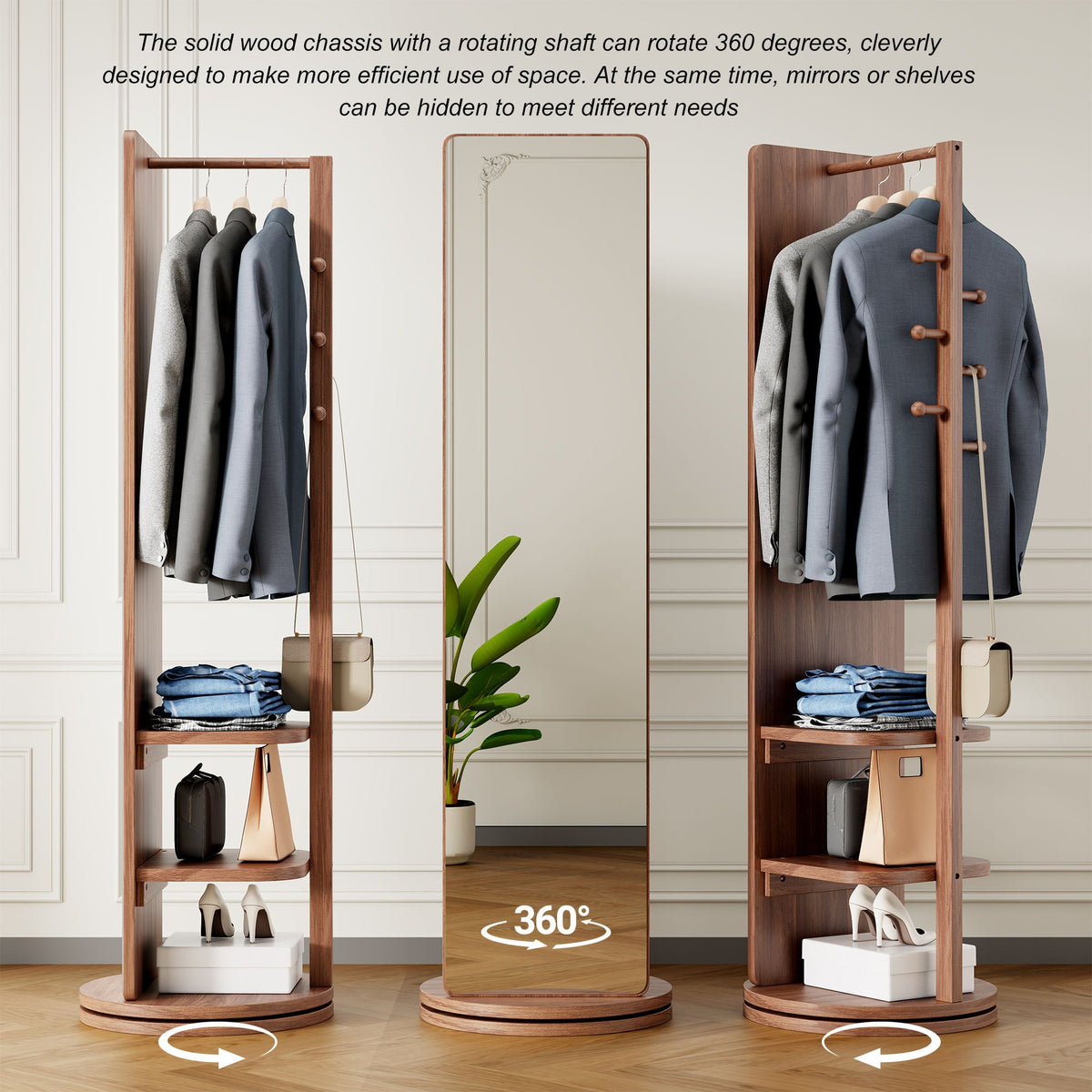 3 In 1 Multifunctional Full-Length Clothing Mirror with Rotating Design - Dark Brown, Black, White, Light Brown