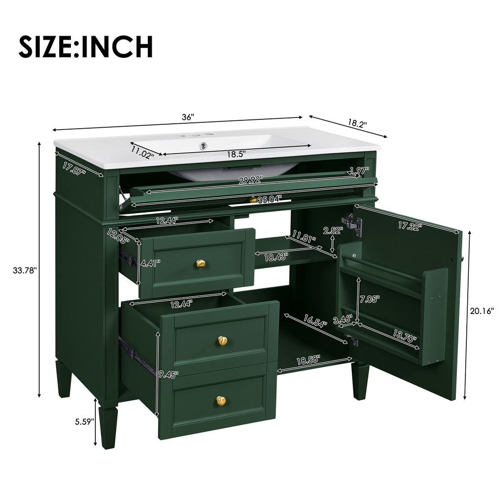 36" Bathroom Vanity with Ceramic Sink and Storage Drawers - Multiple Colors