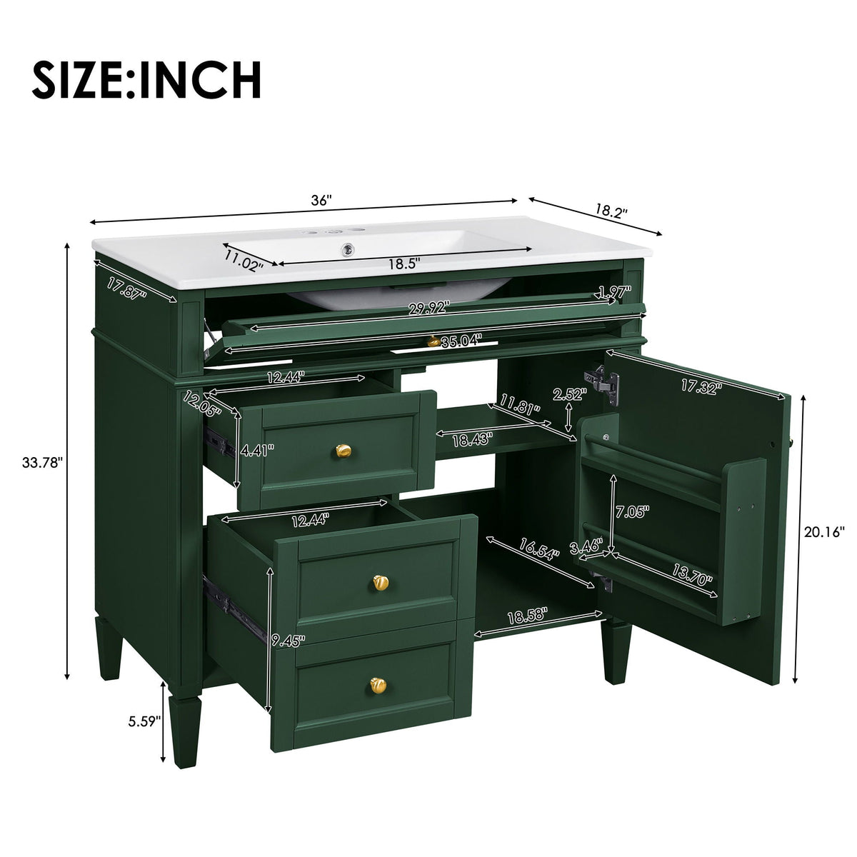 36" Bathroom Vanity with Ceramic Sink and Storage Drawers - Multiple Colors