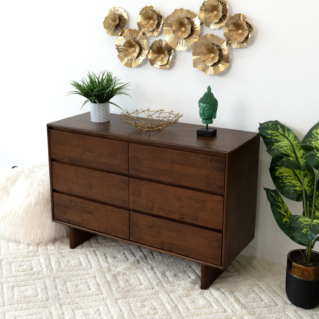 Brown Mid-Century Dresser with 6 Drawers - Solid Wood