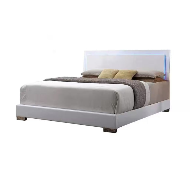 White Faux Leather Panel Bed with LED Light - White