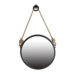 Black Circle Wall Mirror with Rope Strap - Contemporary Metal Frame