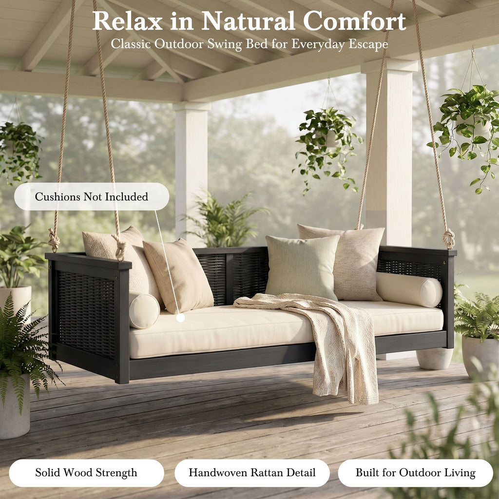 Solid Wood Twin Size Swing Bed with Handwoven Rattan - Natural Wood