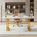 White and Gold Executive Desk with X-Legs - Stain-Resistant Surface