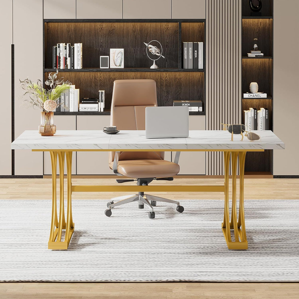 White and Gold Executive Desk with X-Legs - Stain-Resistant Surface