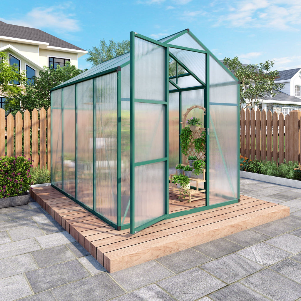 Polycarbonate Walk-In Greenhouse with Raised Base - Green