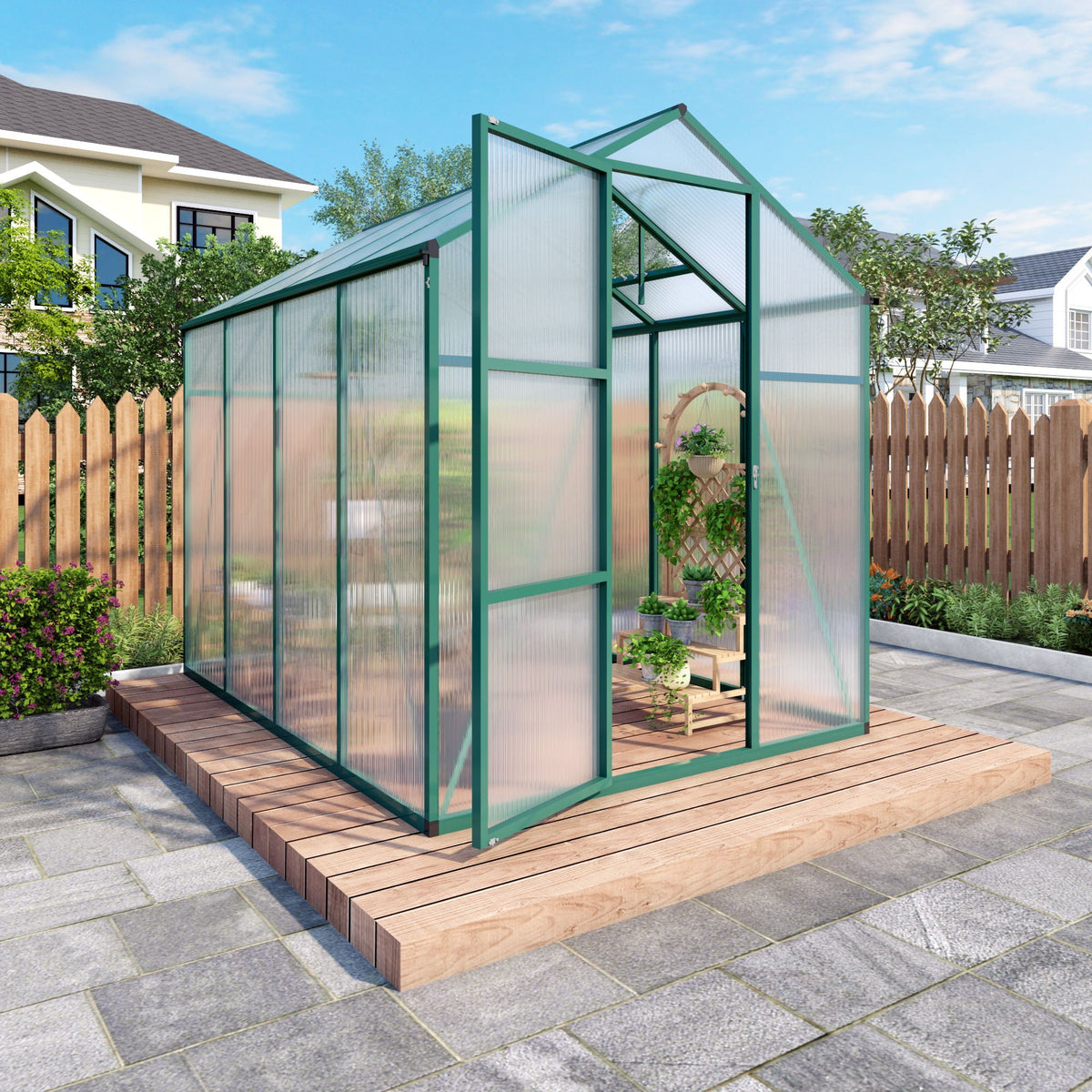 Polycarbonate Walk-In Greenhouse with Raised Base - Green