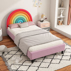 Rainbow Design Twin Upholstered Bed with Sturdy Wood Slats - Pink