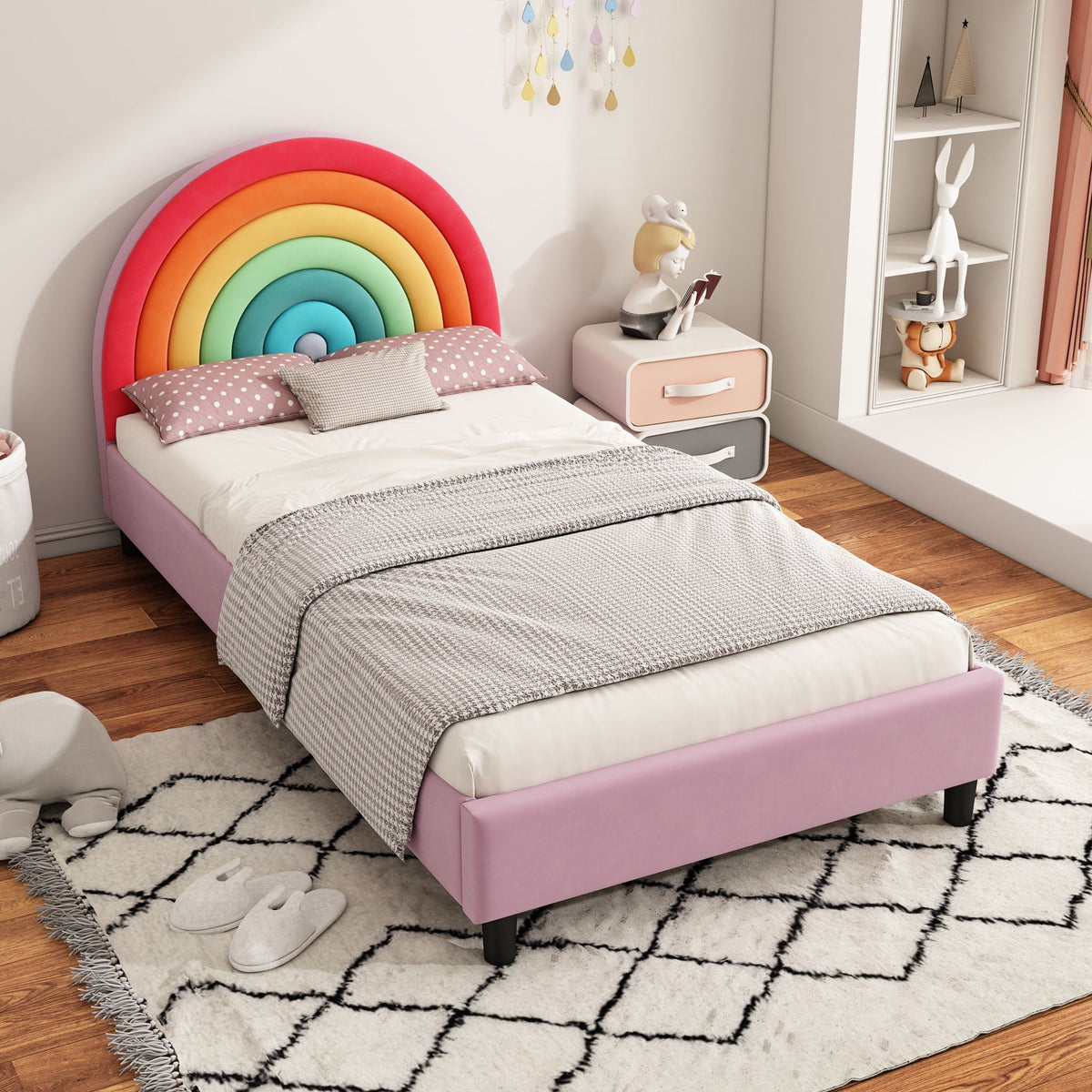 Rainbow Design Twin Upholstered Bed with Sturdy Wood Slats - Pink
