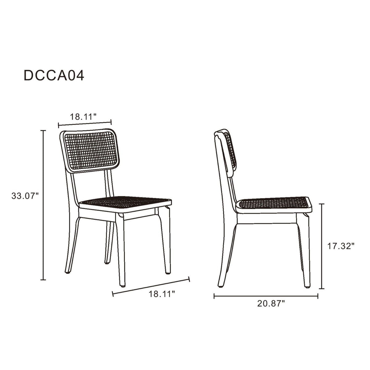 Solid Ash Wood Dining Chair Set with Rattan Cane Seat - Black or Light Brown
