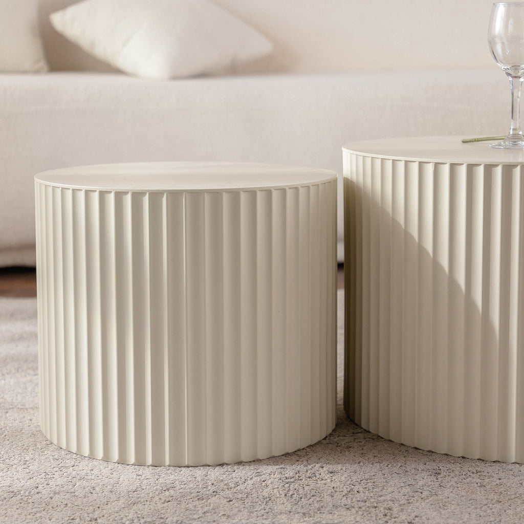 Beige Nesting Coffee Table Set of 2 – Modern Drum Side Tables with Wave Design - Beige