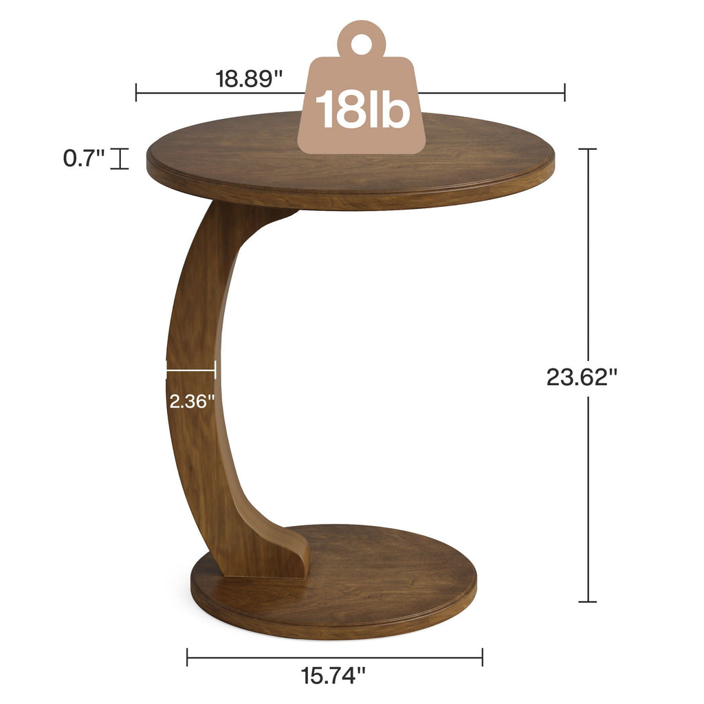 C-Shaped Round End Table with Compact Design - Brown