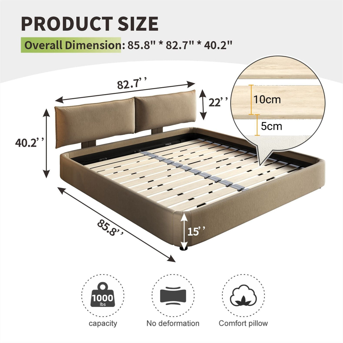 Cloud Bed Frame with Oversized Padded Movable Headboard - King