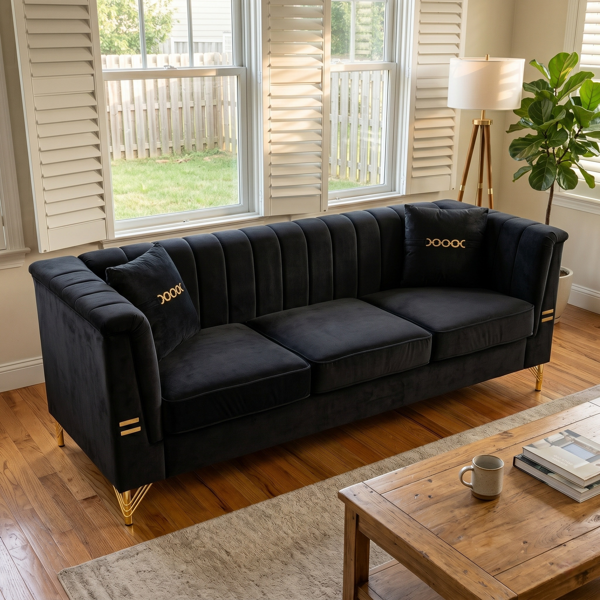 Mosharong-55 Velvet 3-Seater Sofa with Channel Tufting - Gray