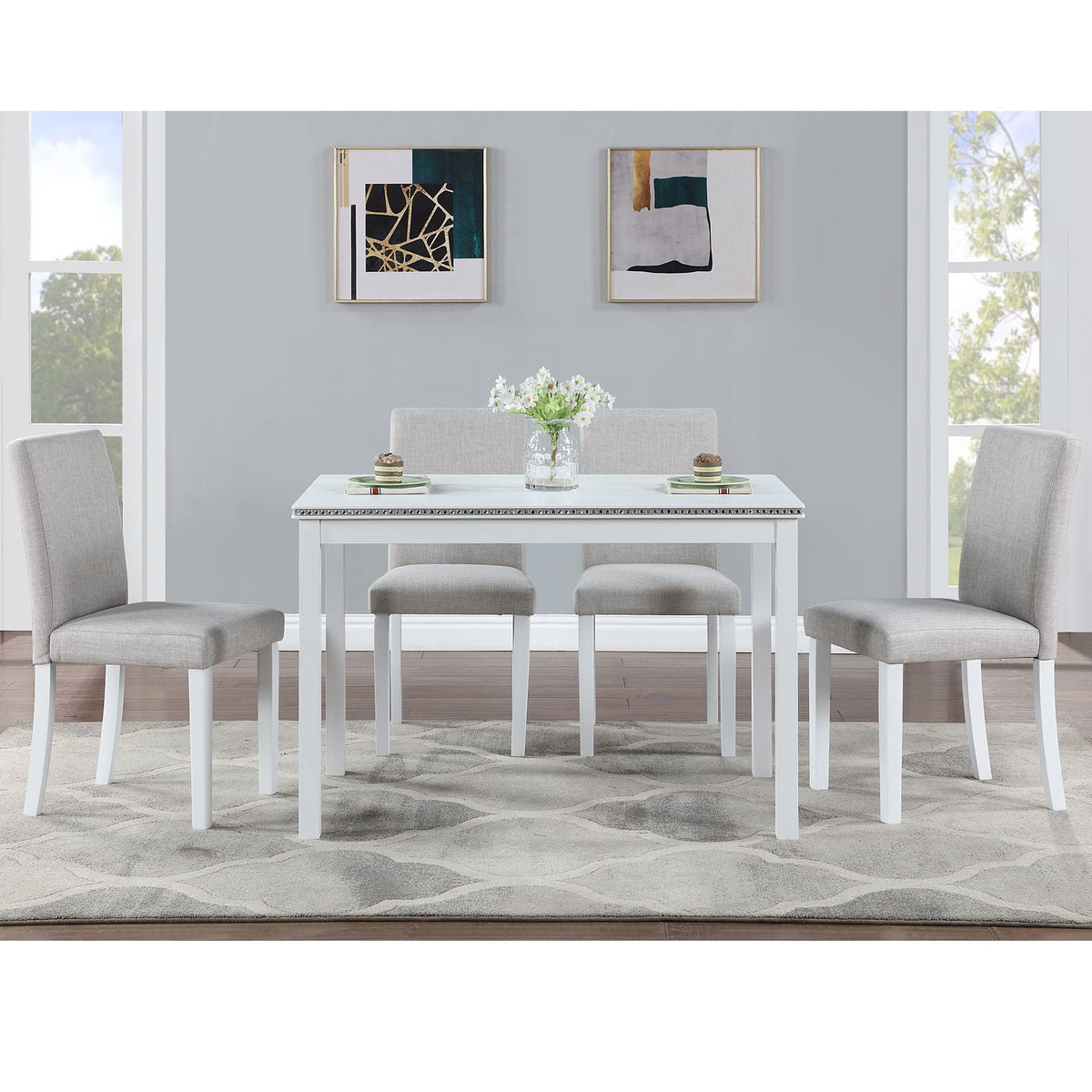 Dining Table Set with Crystal Decoration and Upholstered Chairs - Gray or White