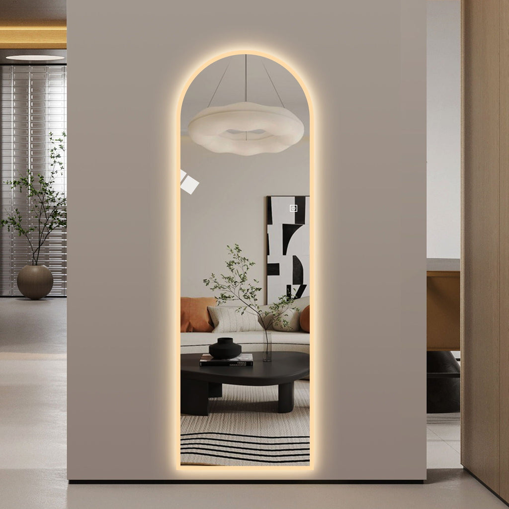 LED Full Length Wall Mirror with Symmetrical Arch Design and Dimmable Lighting - Silver