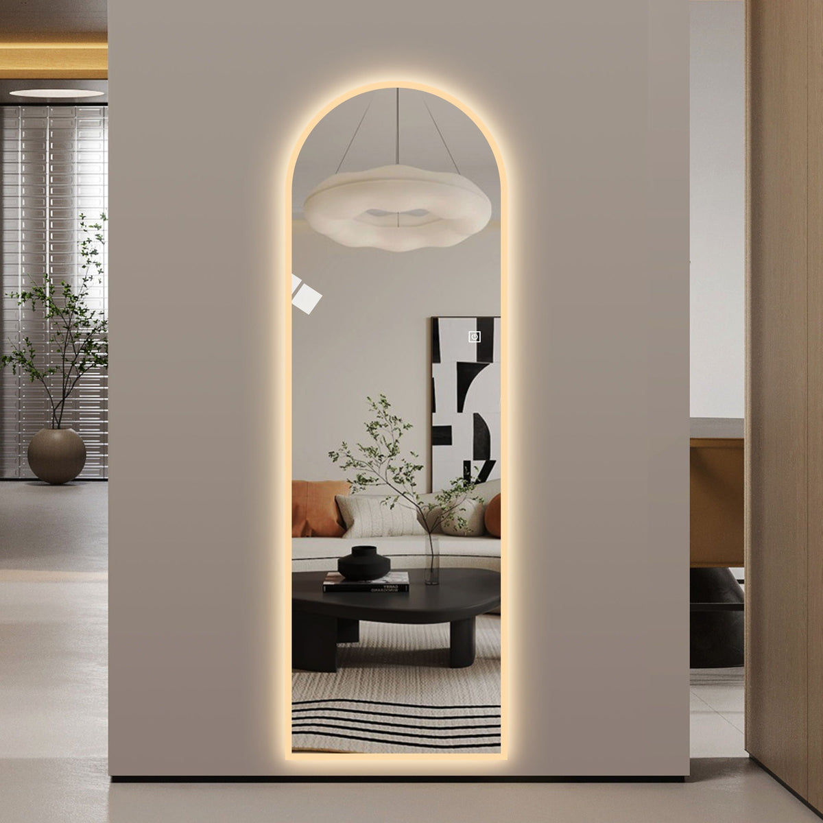 LED Full Length Wall Mirror with Symmetrical Arch Design and Dimmable Lighting - Silver