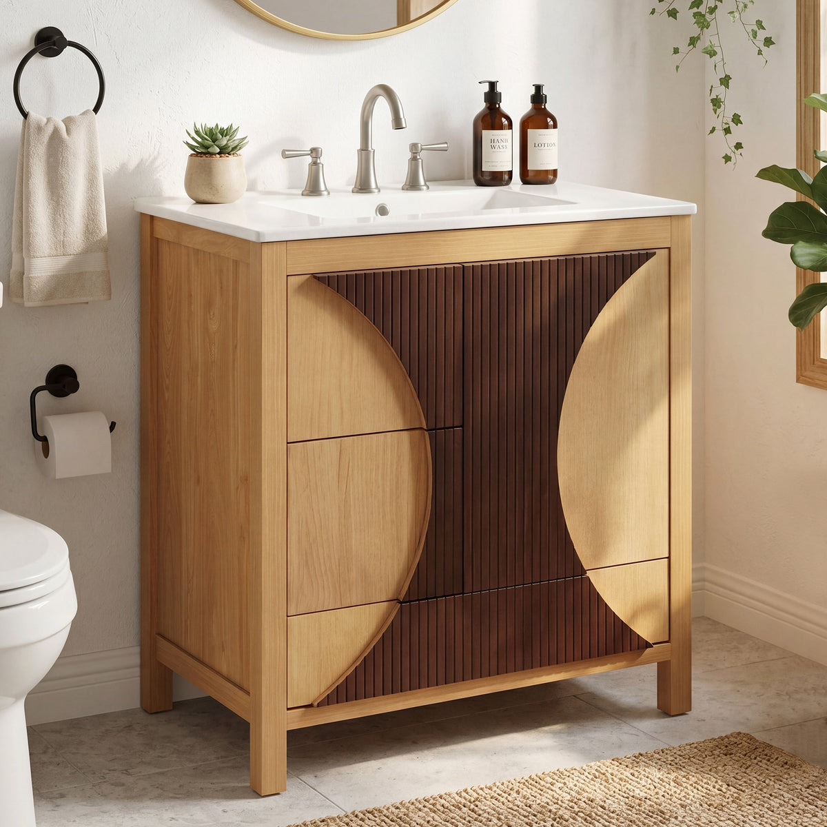 30 Inch Mid-Century Modern Bathroom Vanity with Ceramic Sink - Wood