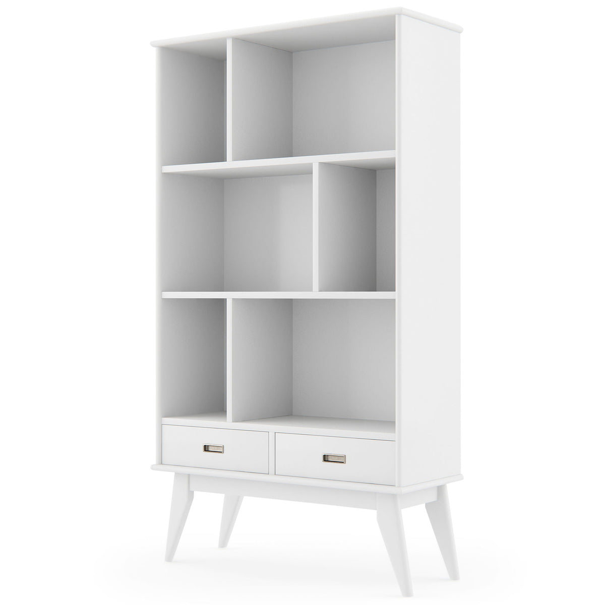 Mid Century Wide Bookcase with Storage Drawers - Multiple Colors