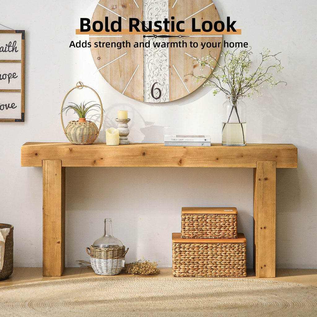 Solid Wood Console Table with Rustic Farmhouse Style – Natural Wood