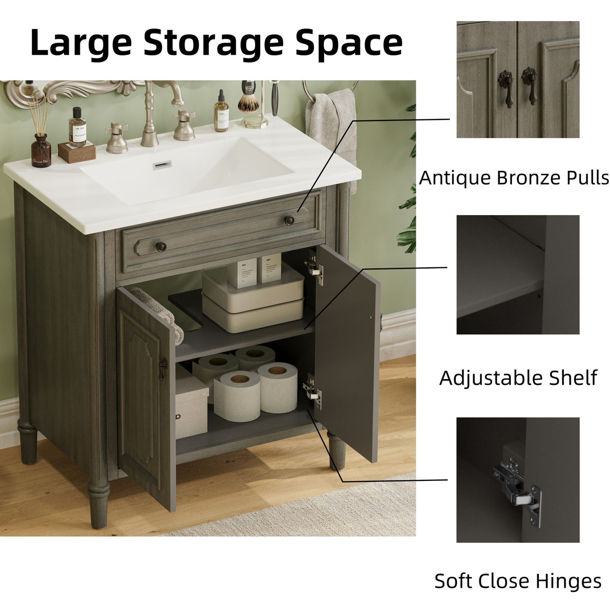 Vintage Bathroom Vanity With Sink and Soft-Close Doors - Dark Gray or White