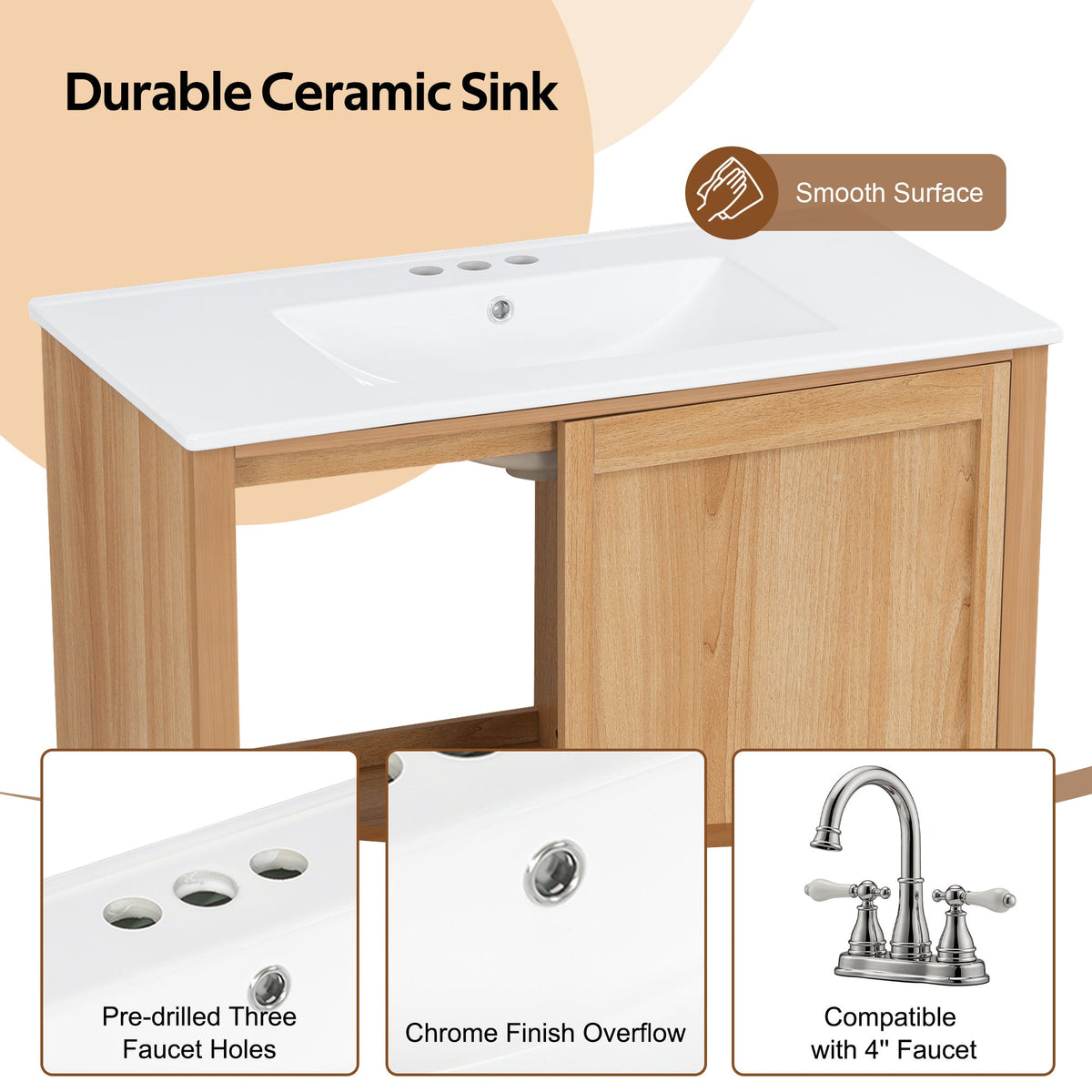36" Bathroom Vanity with Ceramic Sink and Soft-Close Drawers - White