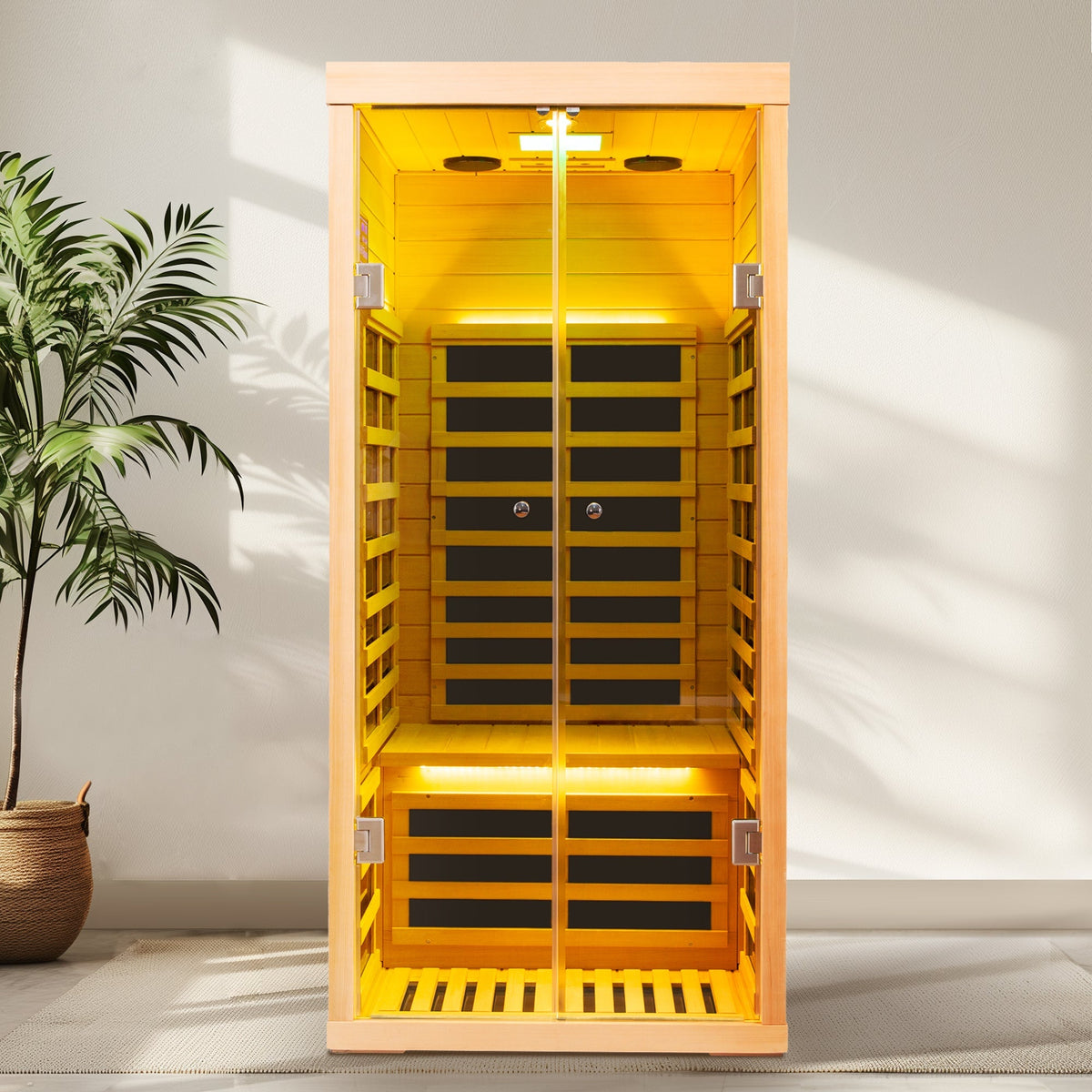 Low EMF Infrared Double Sauna Room with Bluetooth & LED Lighting - Natural Wood