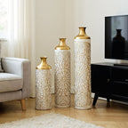 Large Glazed Floor Vases with Elegant Hammered Detail - Gold / White