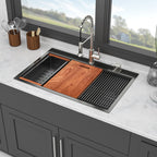 33" Drop In Kitchen Sink with Ledge Workstation - Gunmetal Black