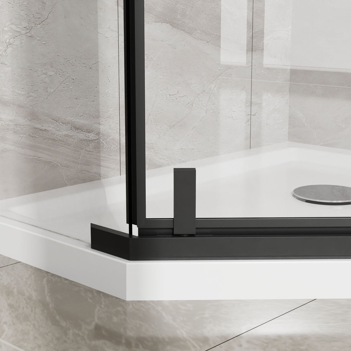 Neo Angle Frameless Shower Door with White Acrylic Shower Base - Matte Black
