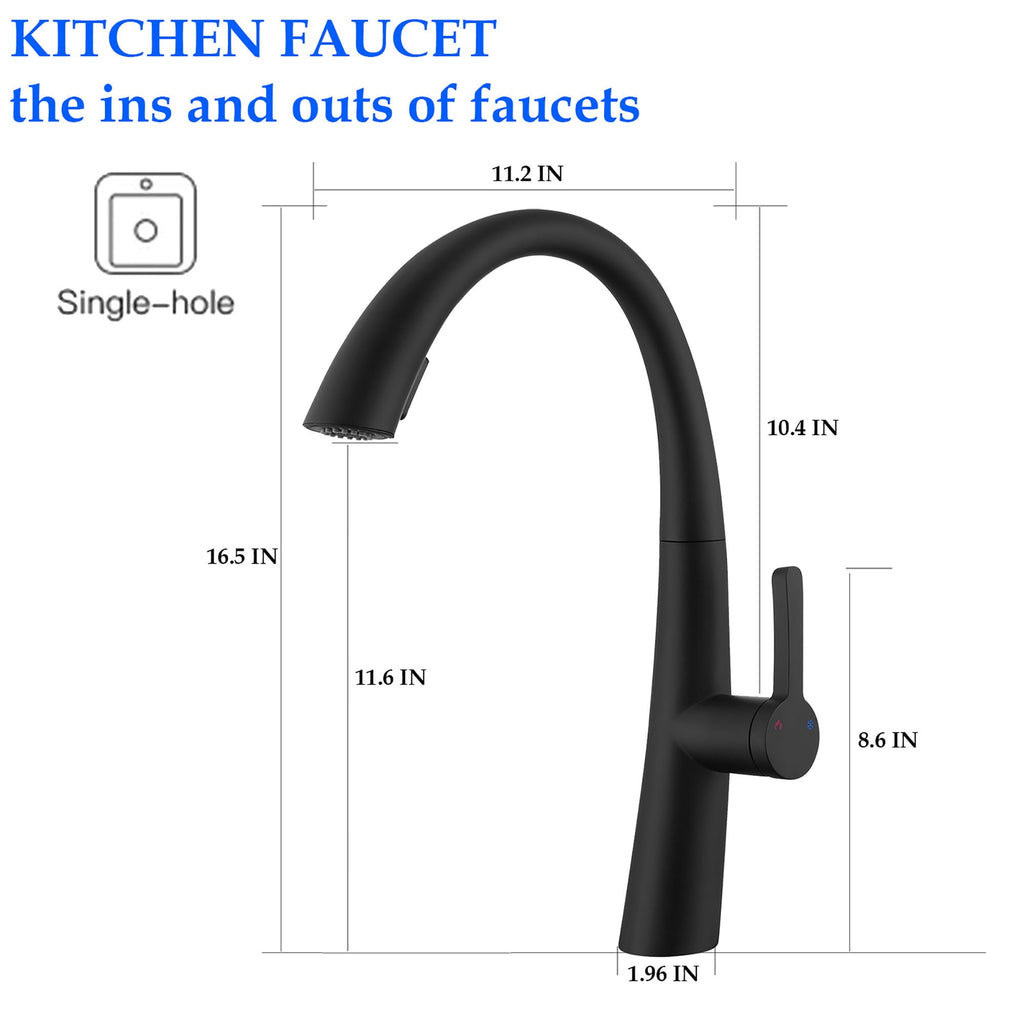 Stainless Steel Pull Out Kitchen Faucet with High Arch Spout - Black or Gold