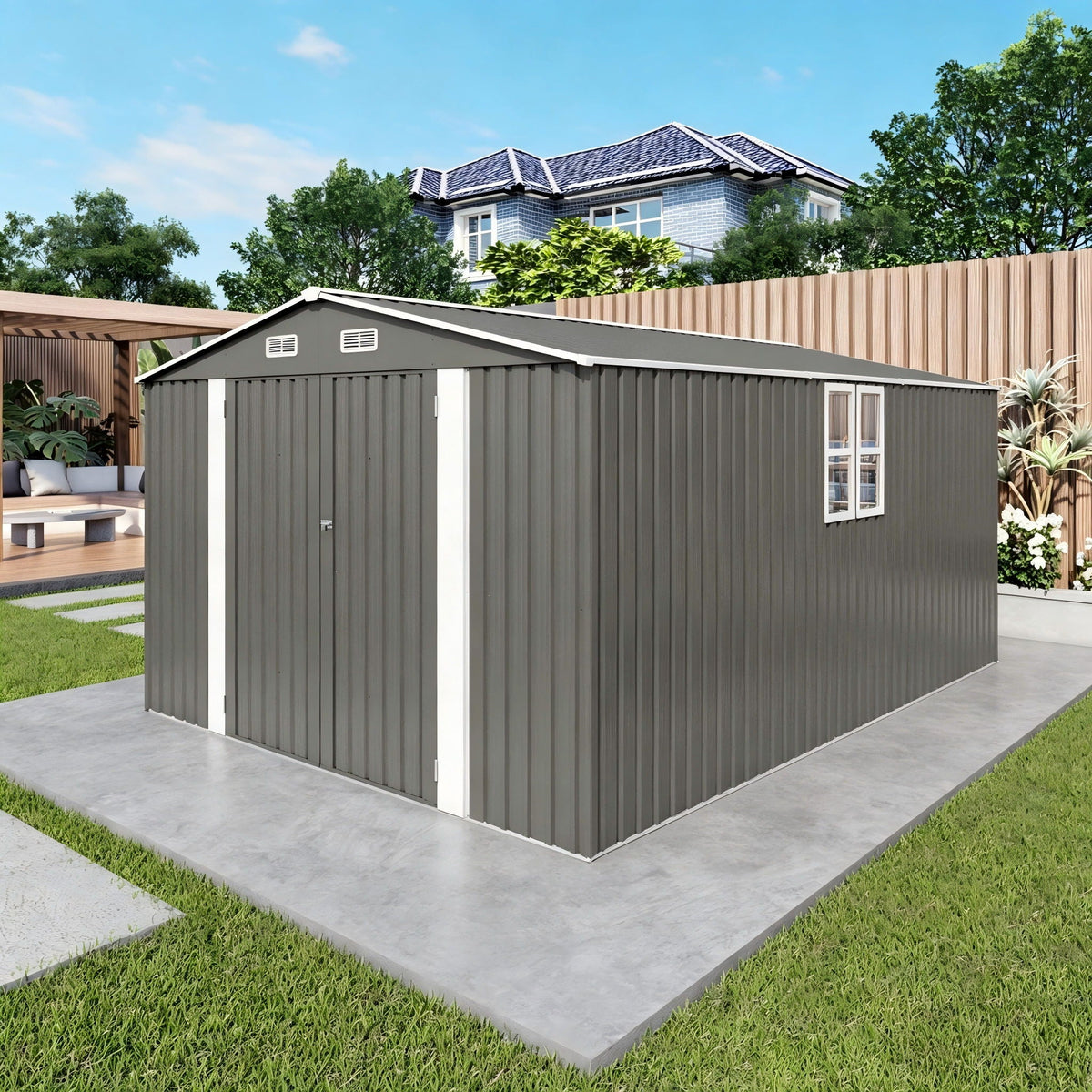 Outdoor Storage Shed with Lockable Doors - Dark Gray