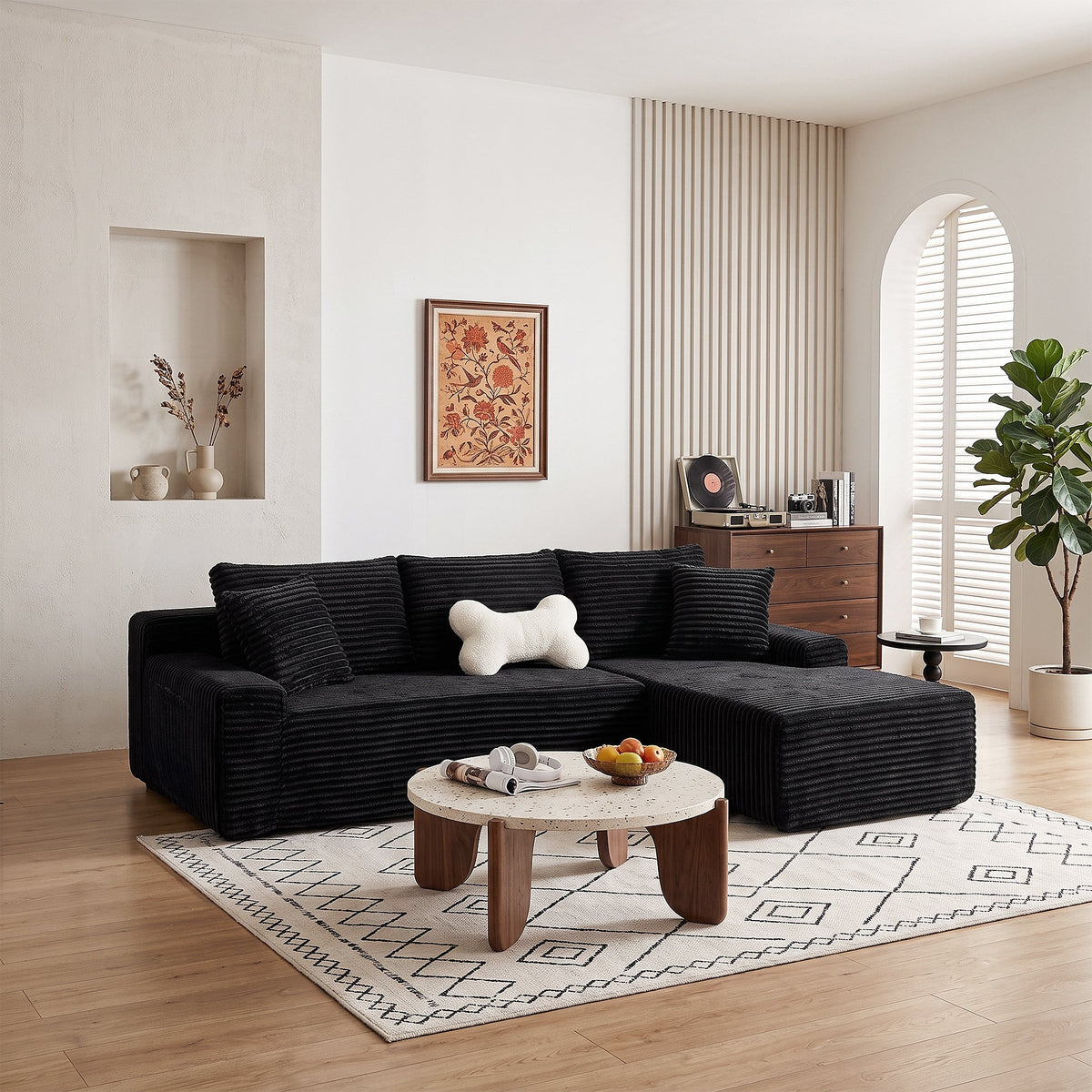 Black Corduroy L Shaped Sectional Sofa with Right Chaise - 94 Inch