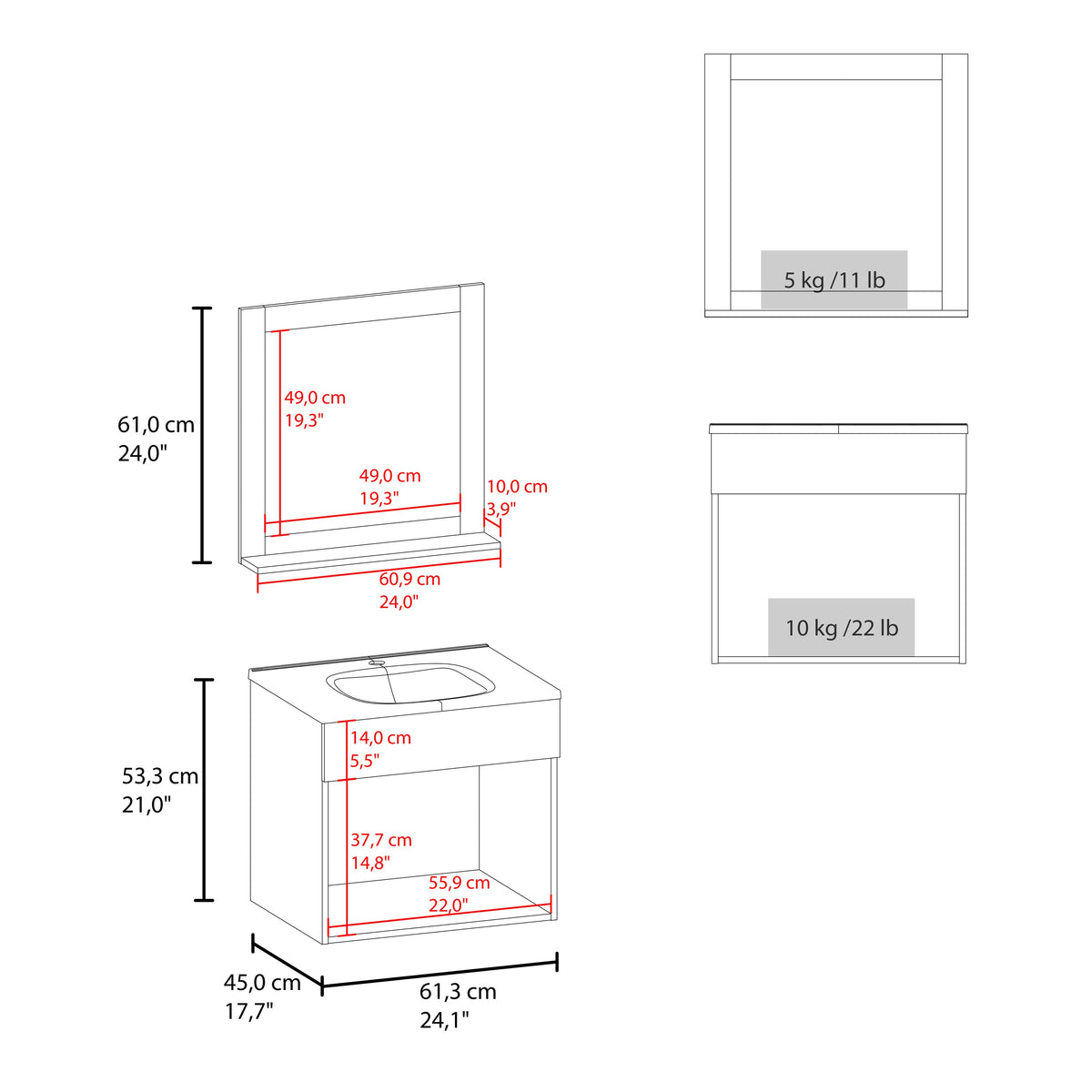 White Bathroom Set Vanity Sink with Mirror - 2 Doors, 1 Shelf