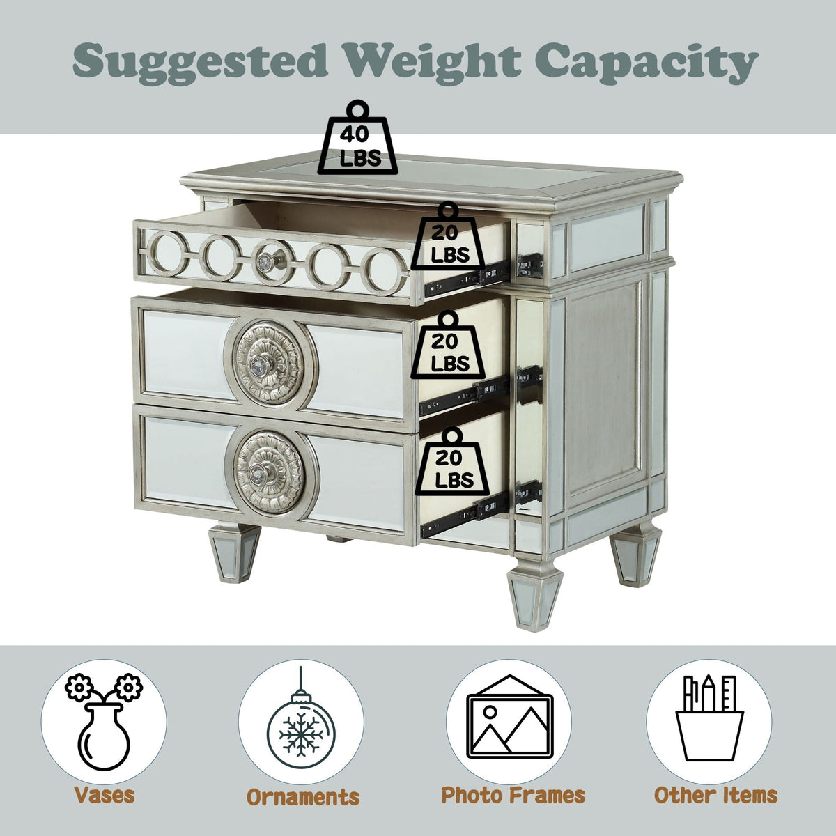 Mirrored Nightstand with Felt-Lined Drawer - Silver