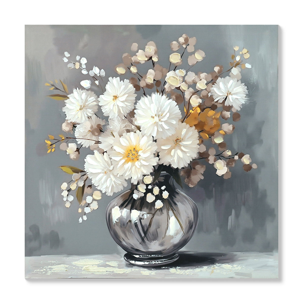 Chrysanthemum Vase Canvas Wall Art Decor - Stone White