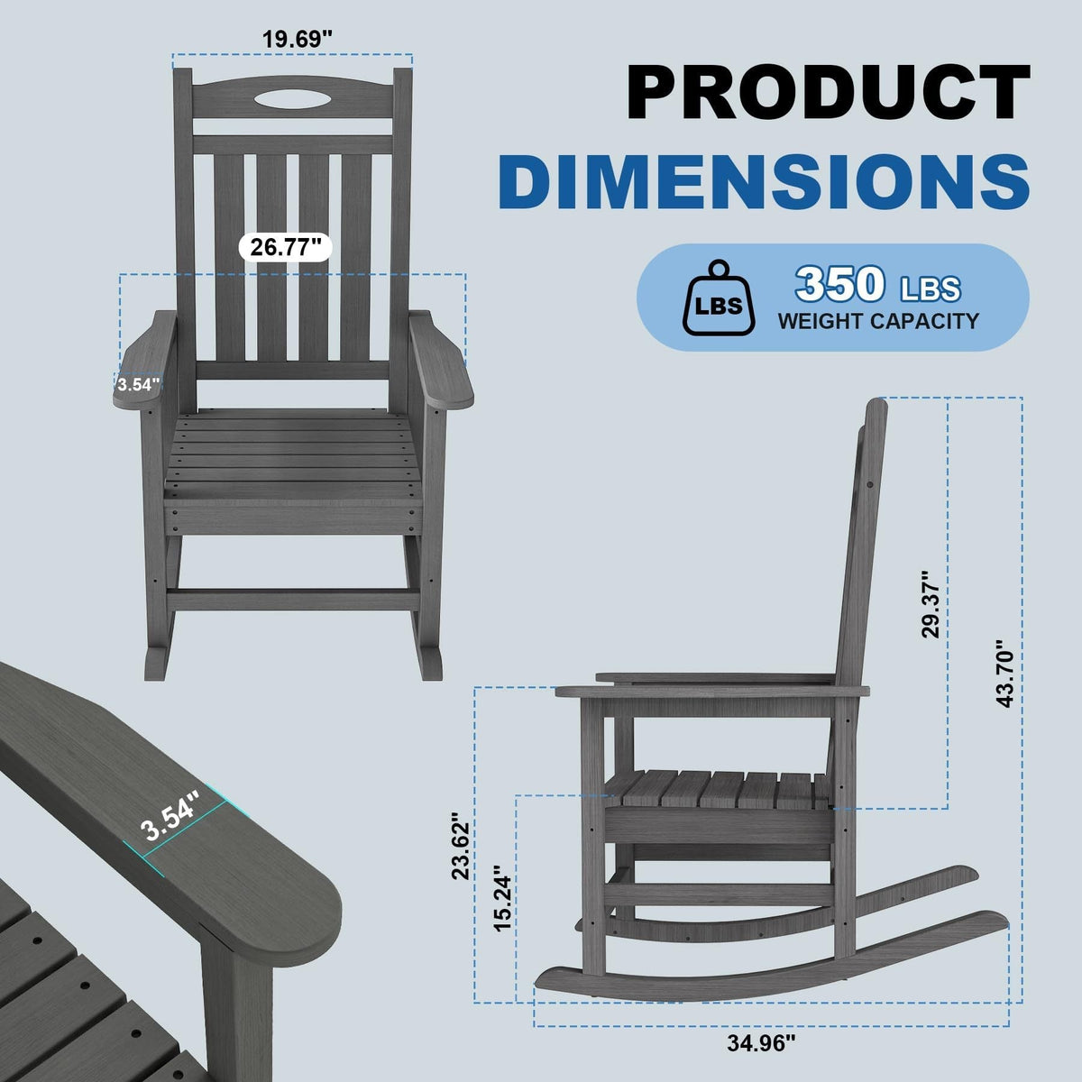 Grey Outdoor Rocking Chair Set of 2 with Oversized HDPE Frame - For Adults