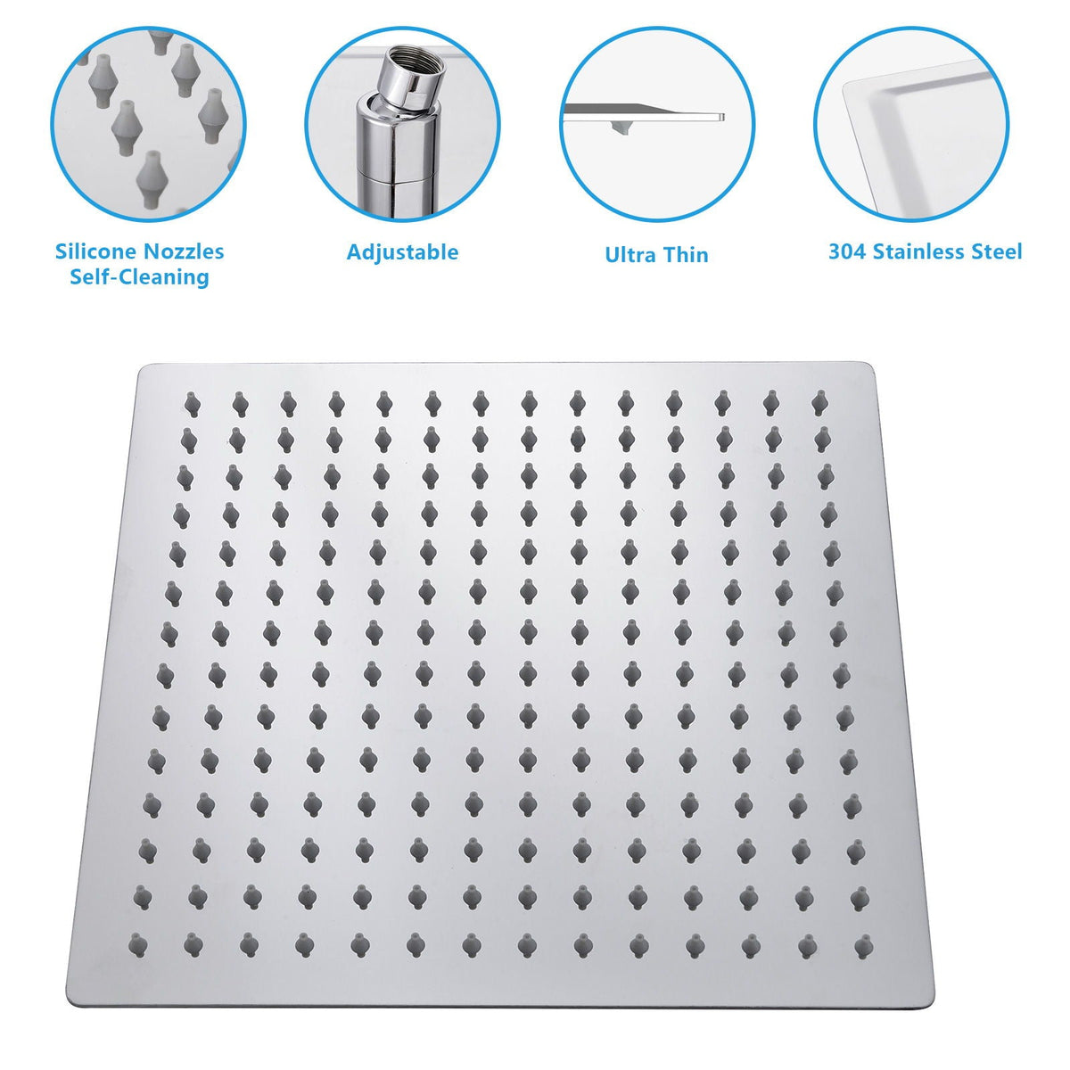 Ultra Thin Square Rainfall Shower Head with 12" Coverage - Gray or Pearl Silver
