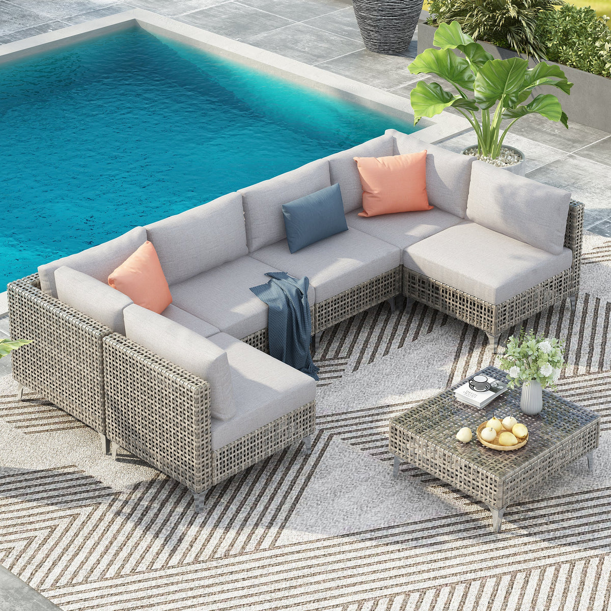7-Piece Wicker Patio Furniture Set with Water-Resistant Cushions - Neutral